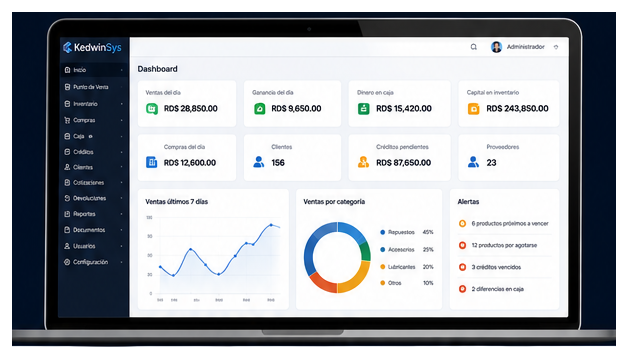 Dashboard real de KedwinSys: tablero de control con ventas, ganancias e indicadores